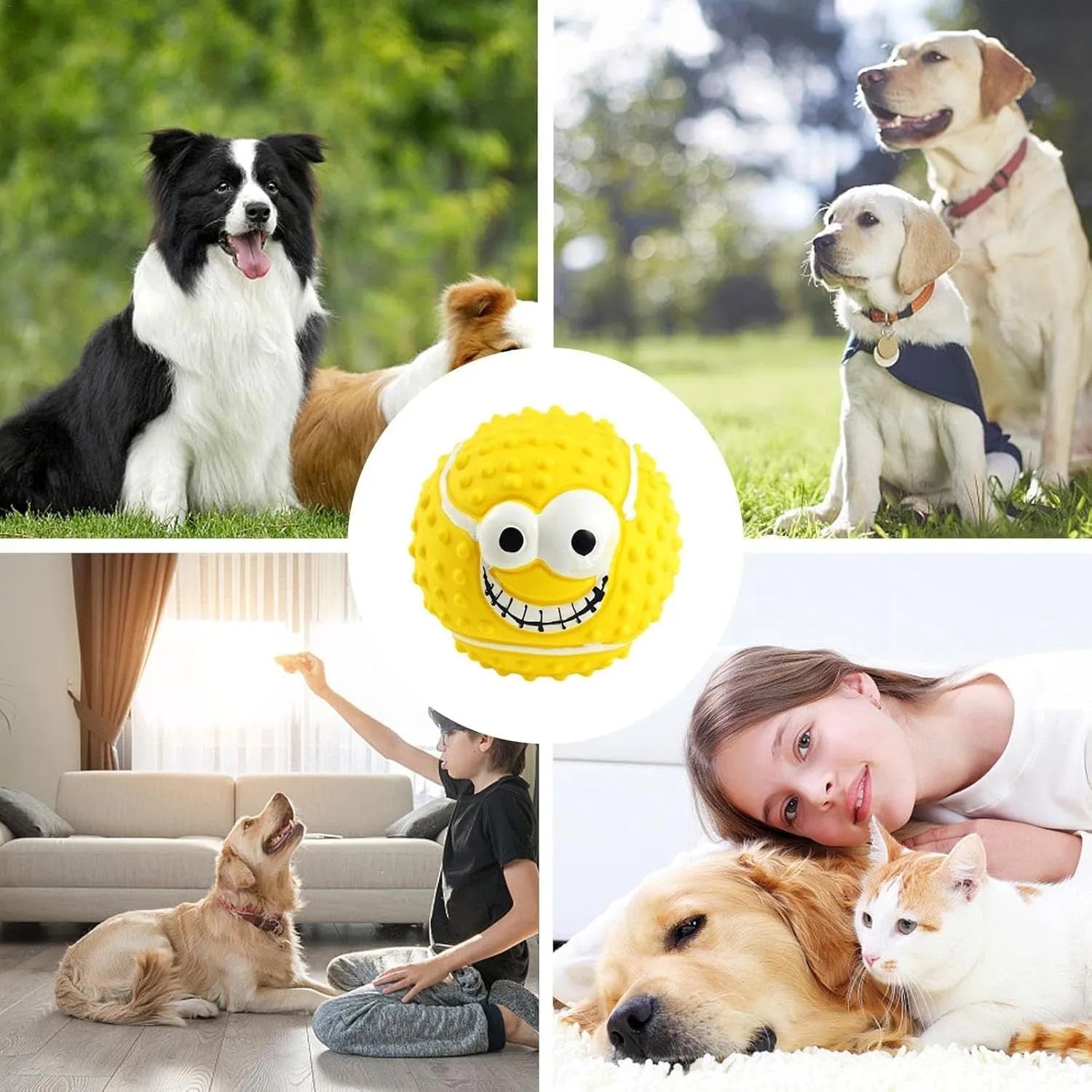 Green latex dog ball with a smiley face and squeaker for fetch games.