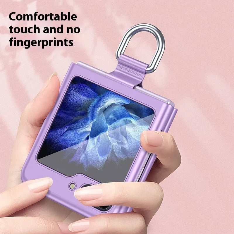 Folding frosted ring integrated protective sleeve phone case for Samsung Z Flip in Cool Black with bracket and magnetic suction