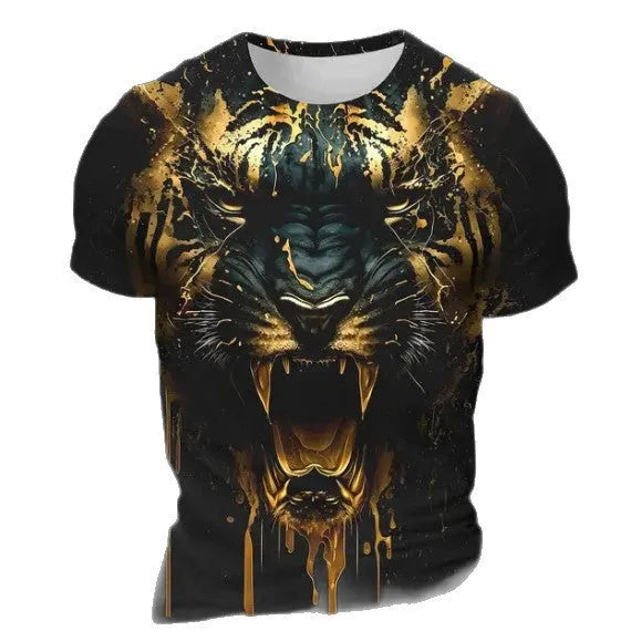 Men's 3D tiger pattern t-shirt showing digital printed design on polyester fabric