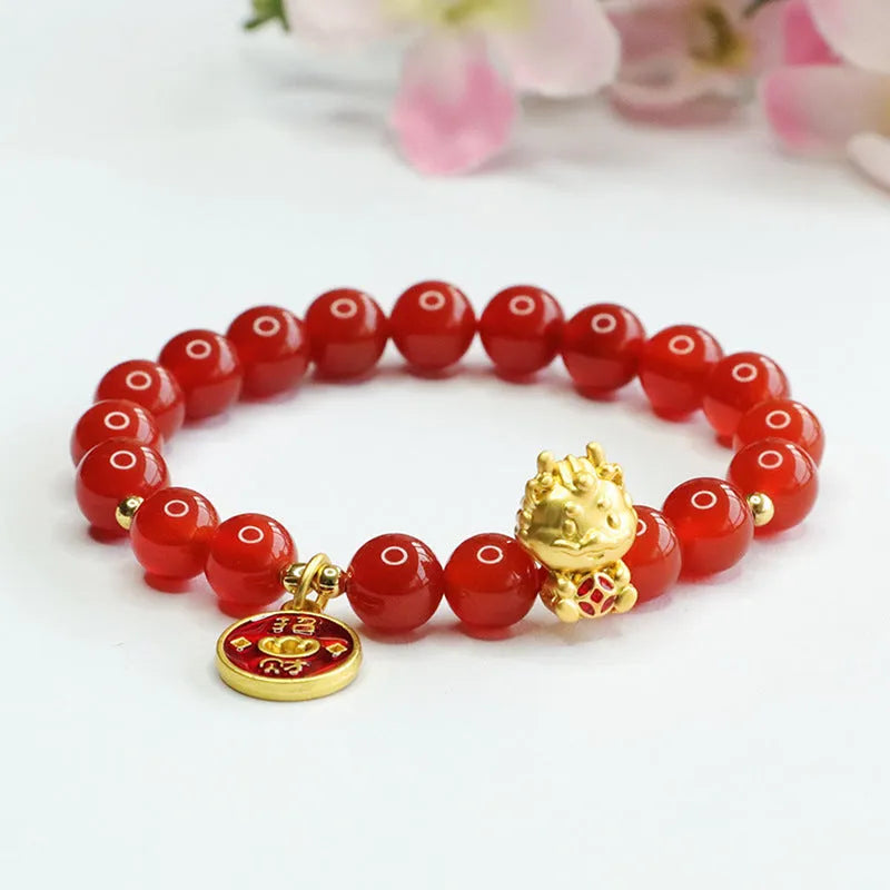 Chinese style red agate zodiac dragon bracelet with 8mm beads.