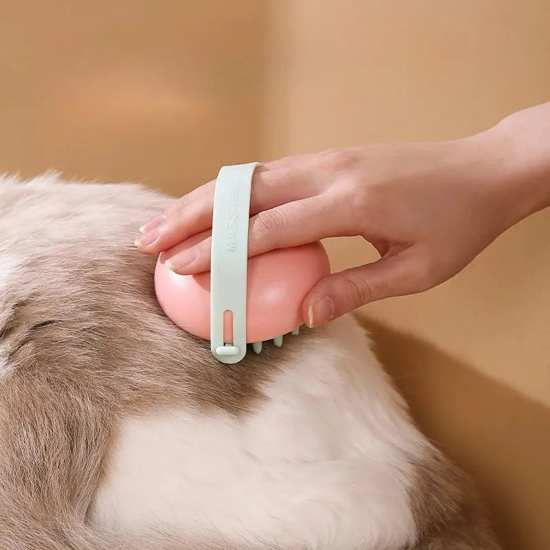 Silicone pet bathing brush with massage nubs for cats and dogs in blue, pink, white, or yellow options