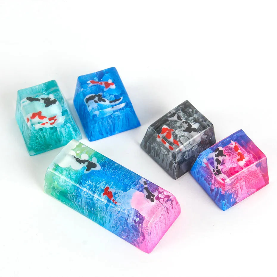 Resin keycap with koi fish and scenery artwork for Cherry MX mechanical keyboard switches