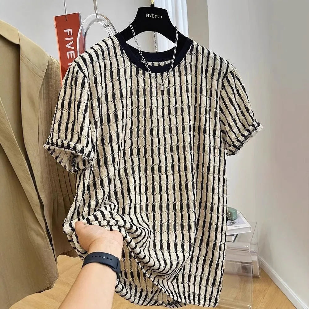 Men's black striped linen short sleeve shirt in loose pullover style