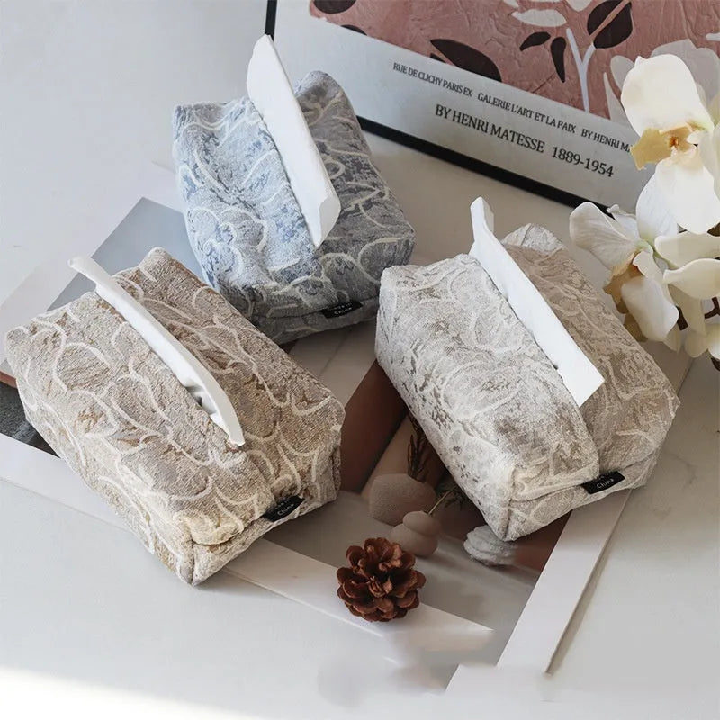 Chinese style floral pattern cotton tissue box cover in beige, blue, and brown colours.
