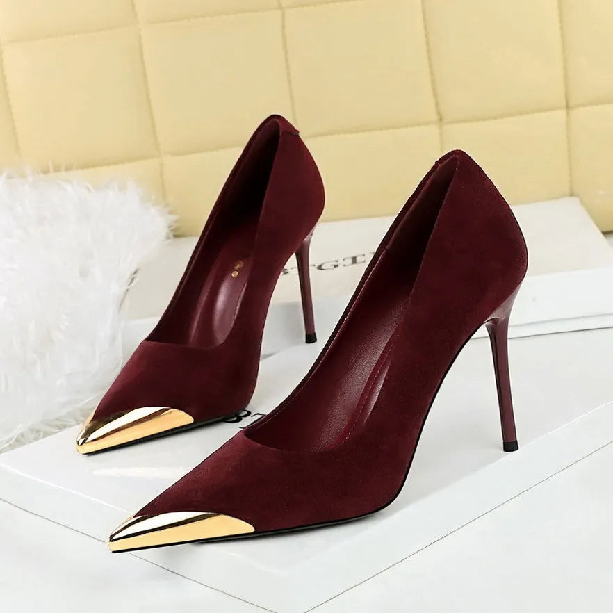 Women's suede stiletto high heels with pointed toe, super high 8cm+ heel, leopard print, brown, black, or ankle red.