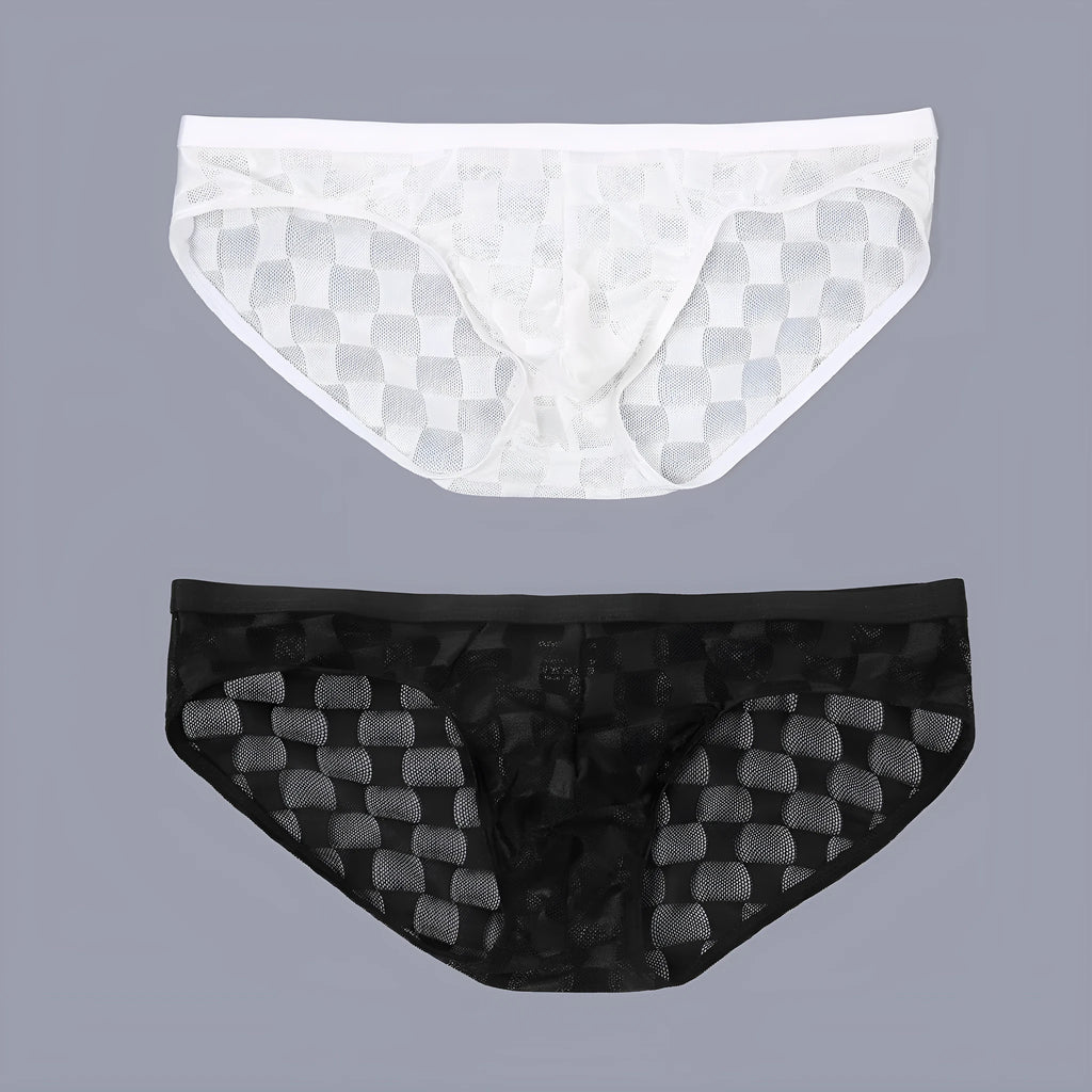 Men's black and white plaid mesh briefs with U-convex design for hip support.