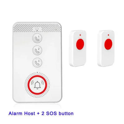 White elderly emergency alert system with one central buzzer and three wireless pendant buttons.