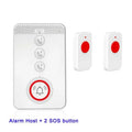 White elderly emergency alert system with one central buzzer and three wireless pendant buttons.