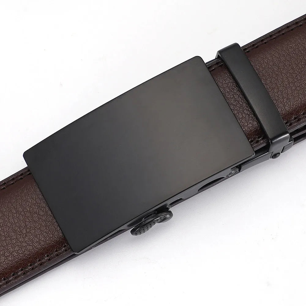 Men's automatic buckle belt in genuine two-layer cowhide leather, black or brown option, 110-130cm length