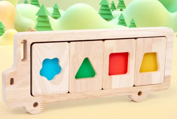 Wooden early education geometry puzzle with colour shape matching, trolley design, on a white background