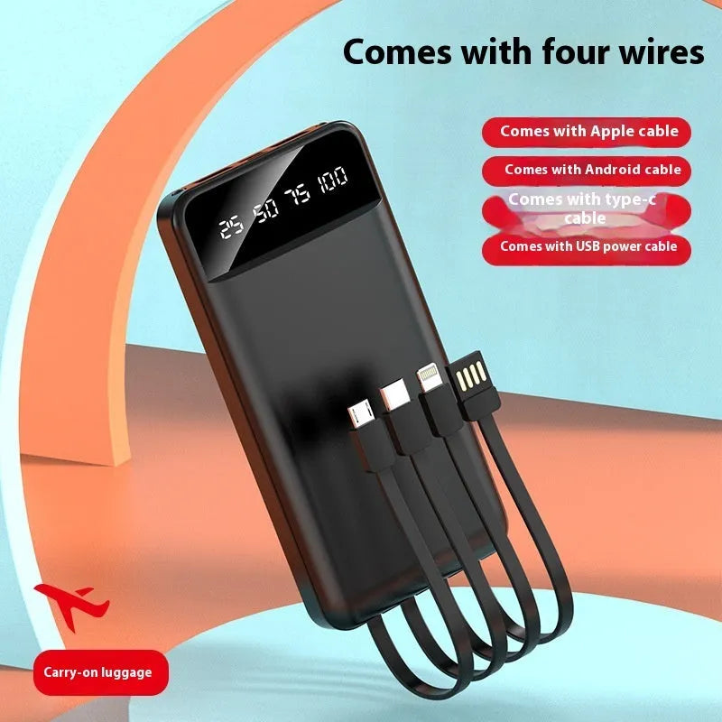 20000mAh black plastic power bank with integrated charging cable shown next to a mobile phone