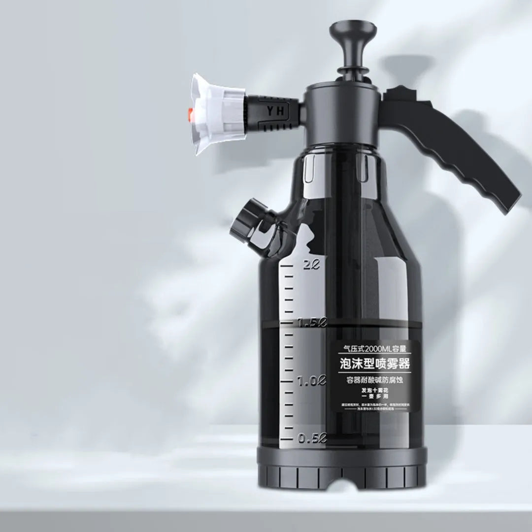 Hand-held blue car wash foam sprayer with 2L capacity and high-pressure water cannon attachment