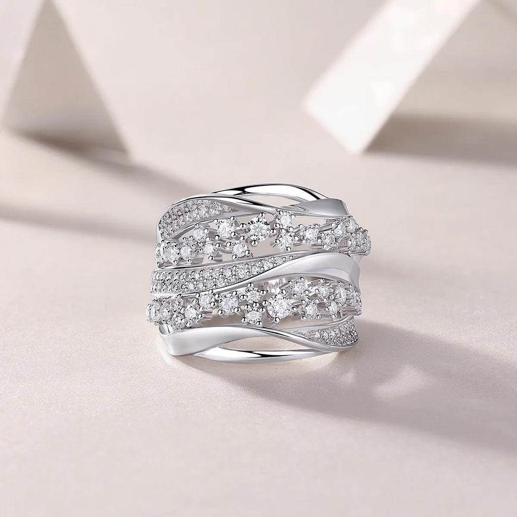 Blossoming All The Way moissanite wedding ring set in S925 silver with platinum plating, gift box packaging
