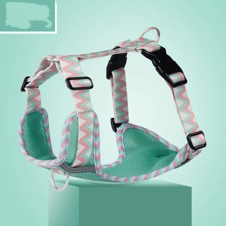 Dog hand holding rope vest pet harness reflective stripe in mountain blue with rope and chain ring