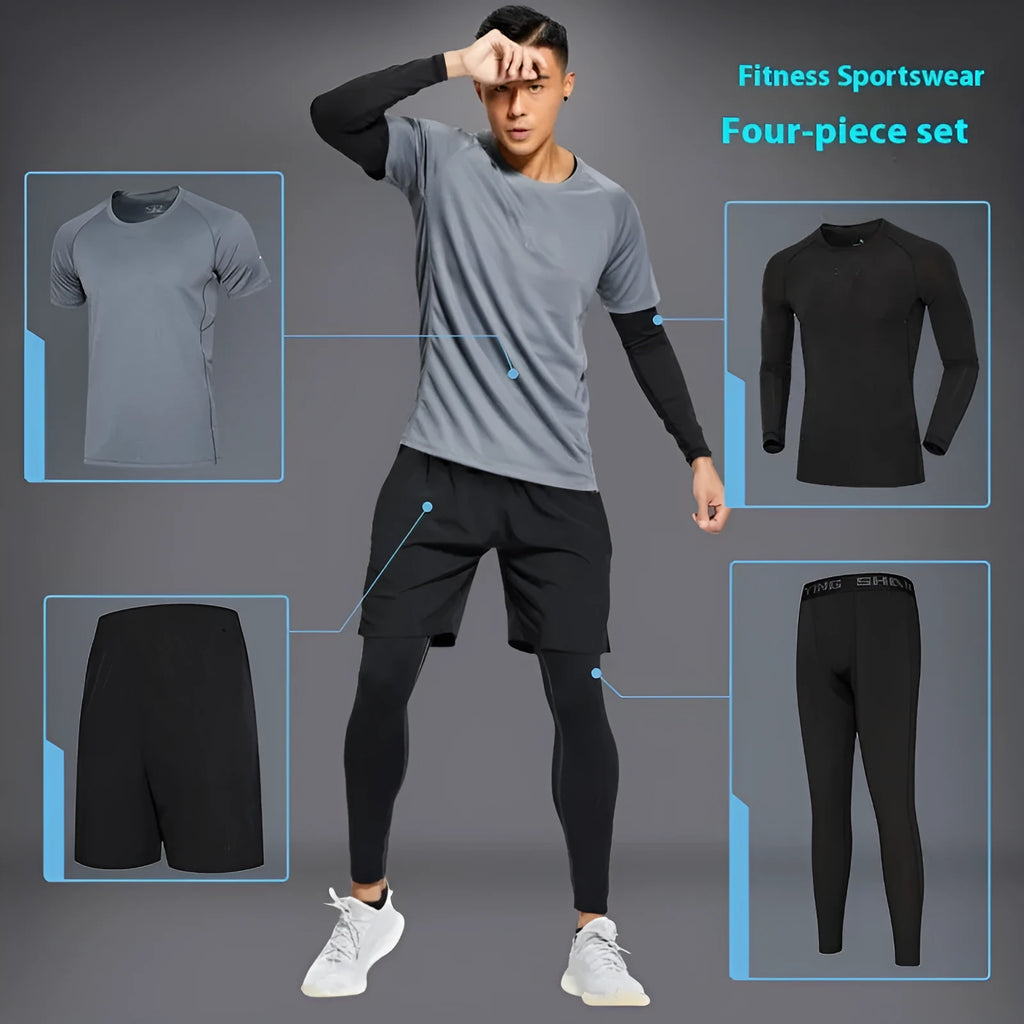 Quick-drying sports suit with short sleeves and pants in gray, black, or white for running and gym workouts