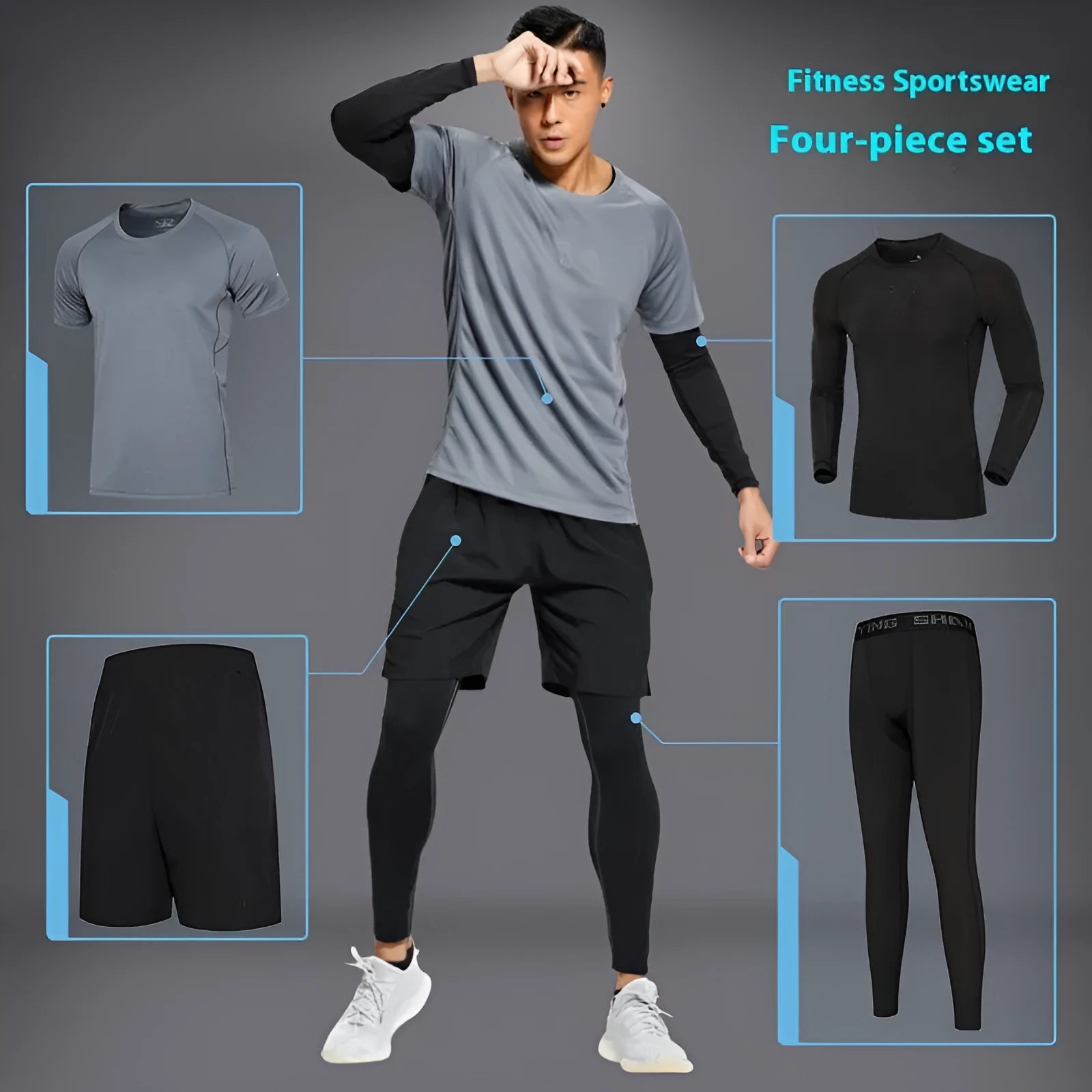 Quick-drying sports suit with short sleeves and pants in gray, black, or white for running and gym workouts