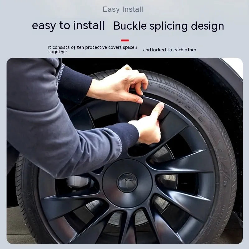 Set of four plastic wheel hub covers with steel ring for Tesla Model Y in different colours.