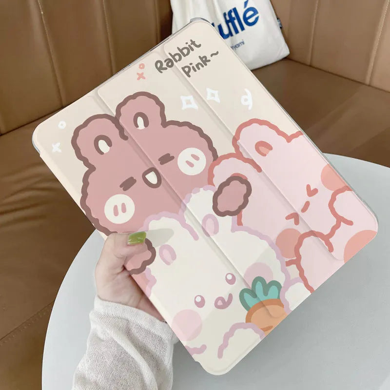 Silicone tri-fold protective case for iPad in cartoon Rabbit design on a tablet.