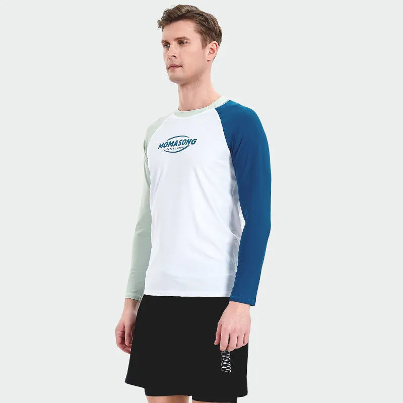 Men's white long sleeve swim top and matching blue swim trunks set for beach sports