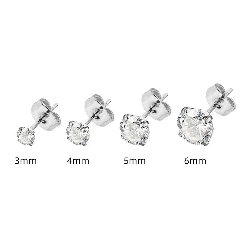 Titanium steel geometric square zircon stud earrings set with 14 pairs in 2mm to 8mm sizes
