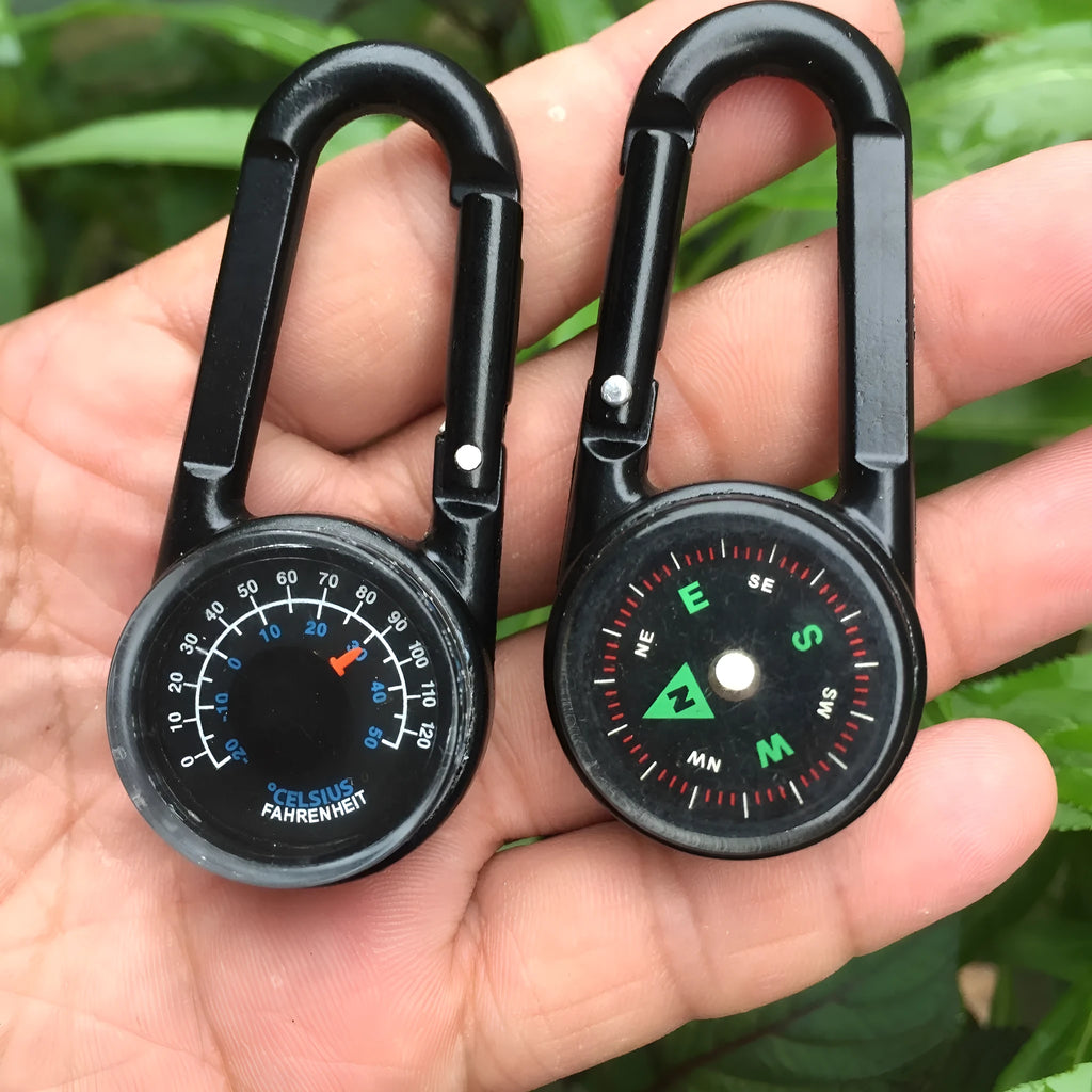 Zinc alloy double-sided climbing carabiner with integrated thermometer and compass in black, army green, and rose gold colours