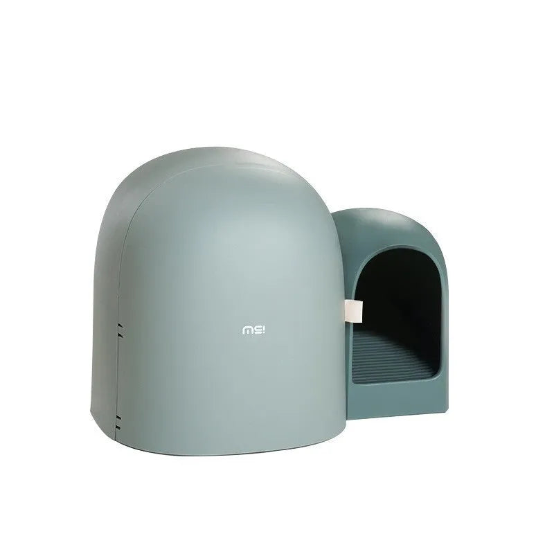 Oversized fully enclosed cat litter box in ABS plastic, shown in moss green colour.