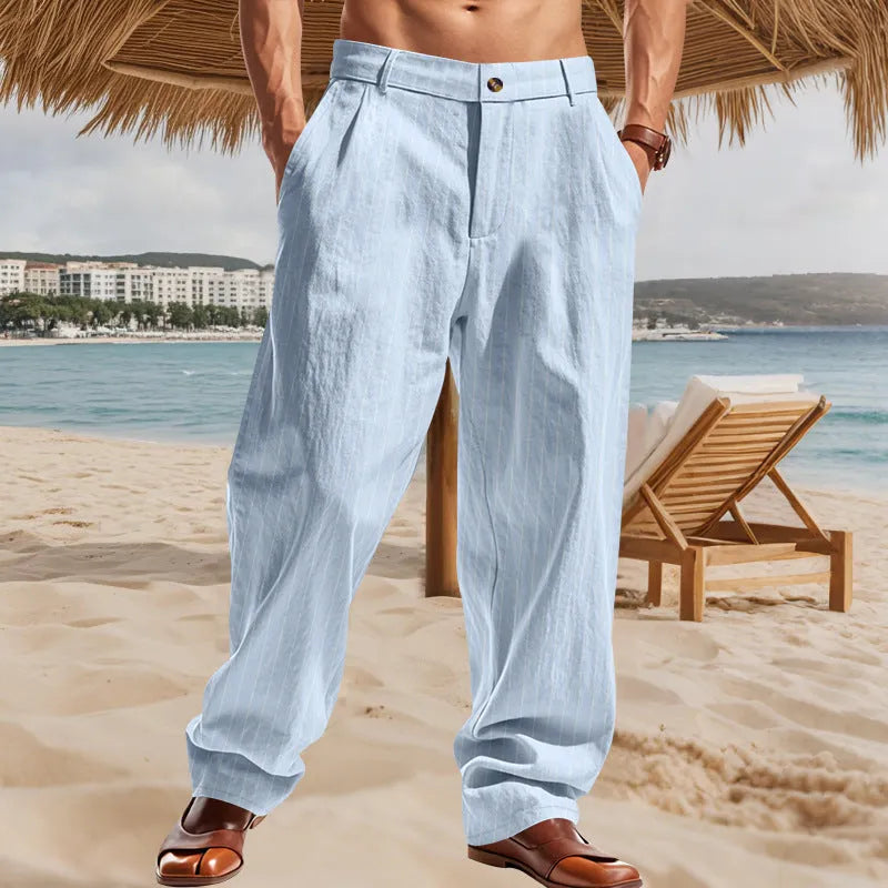 Linen striped high waist wide leg casual trousers shown in available colour options
