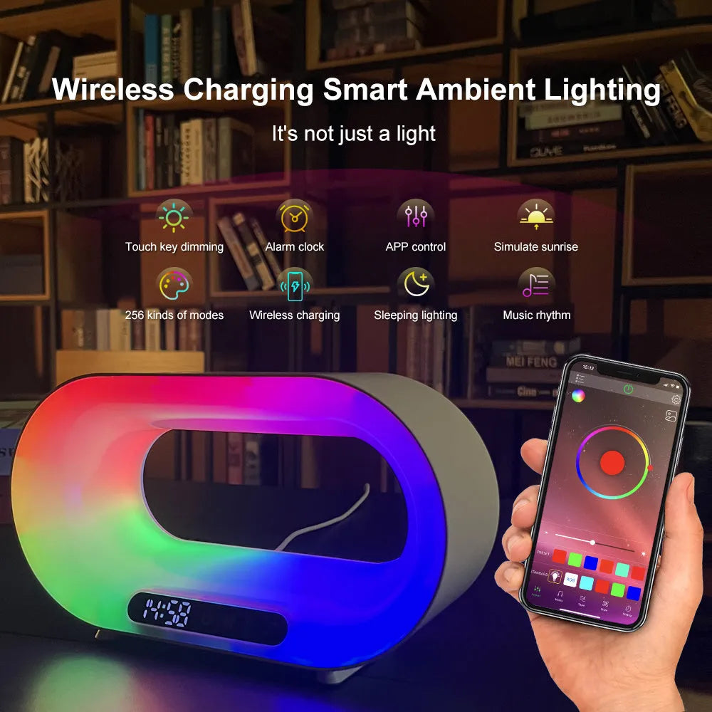 White smart desk lamp with wireless charging pad, LED lighting and alarm clock display