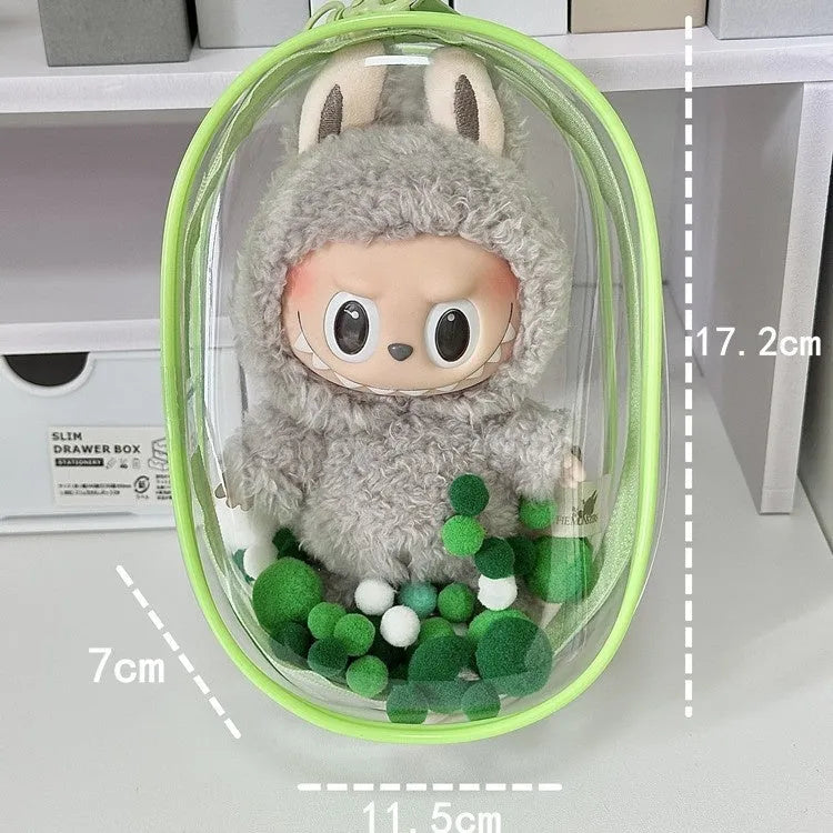 Clear PVC cube storage bag with cartoon keychain for dolls, available in multiple colours and sizes.