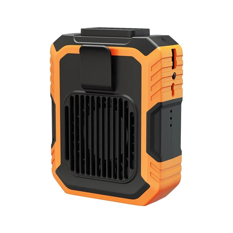 Green wrist-mounted personal fan with integrated USB power bank and light, showing adjustable silicone strap.