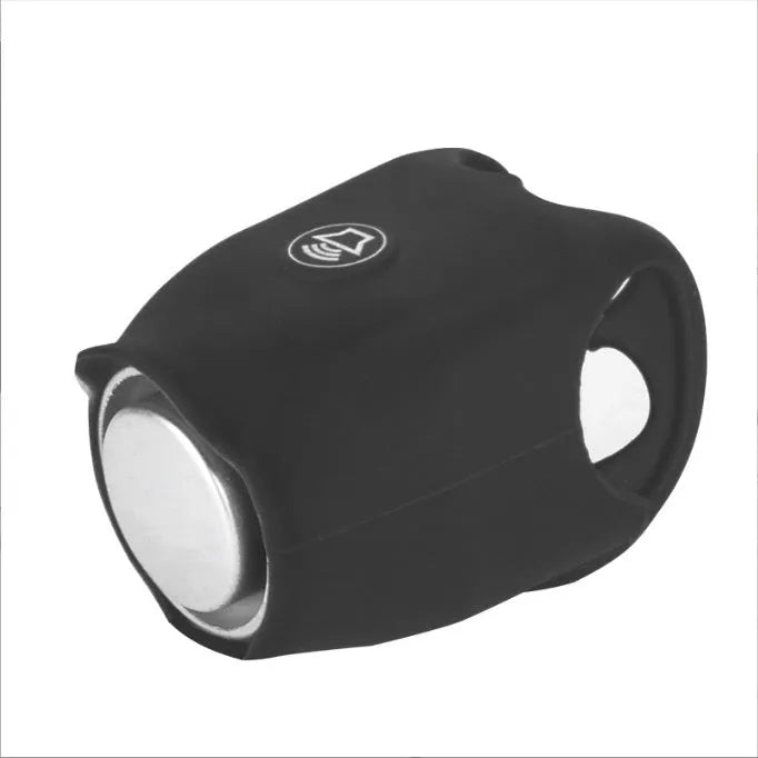 Bicycle electronic horn with plastic casing in multiple colours including black, green, purple on bicycle handlebars