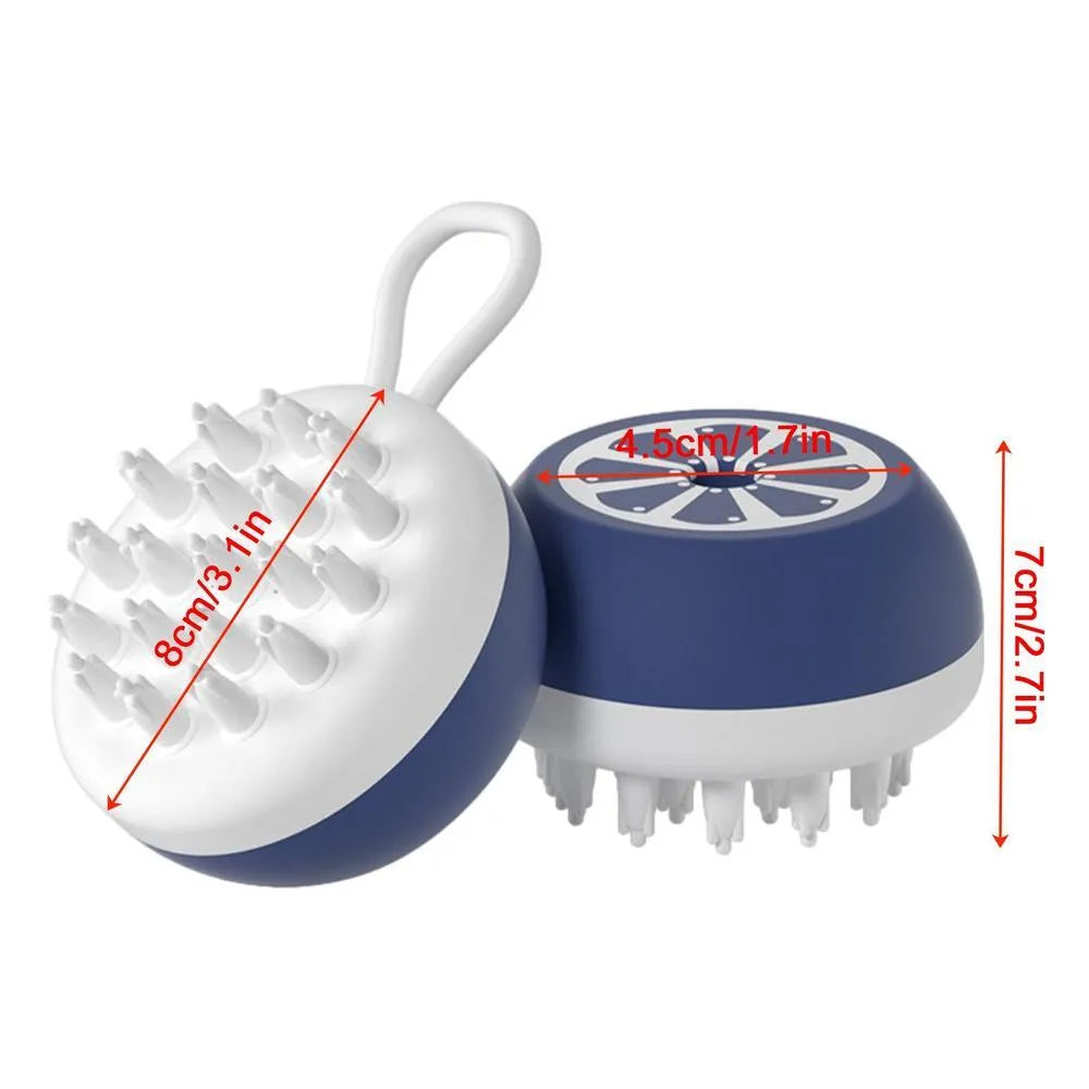 Blue dog shampoo brush with silicone bristles showing 3-in-1 bath tool design
