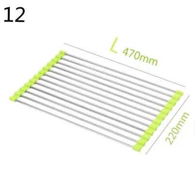 Folding stainless steel kitchen sink drain rack with coloured PP plastic tubes in collapsed and expanded positions
