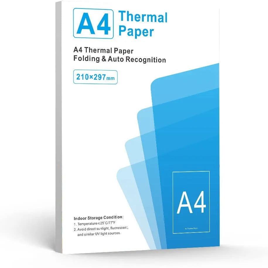 Pack of white A4 thermal printer paper sheets for business use.