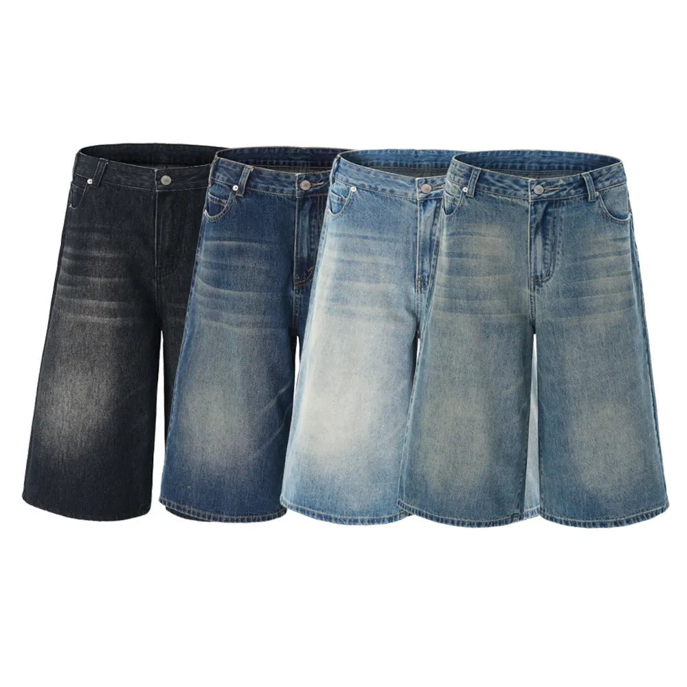 Man wearing light blue straight-leg cropped denim shorts for casual summer wear.