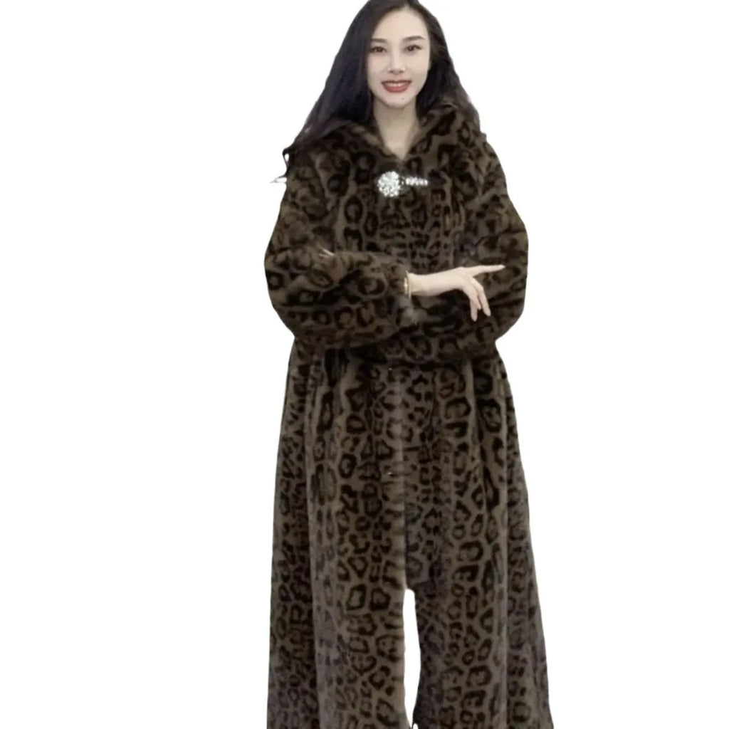 Long brown leopard print faux fur coat on a plus-size model, showing its 100cm length and loose fit.