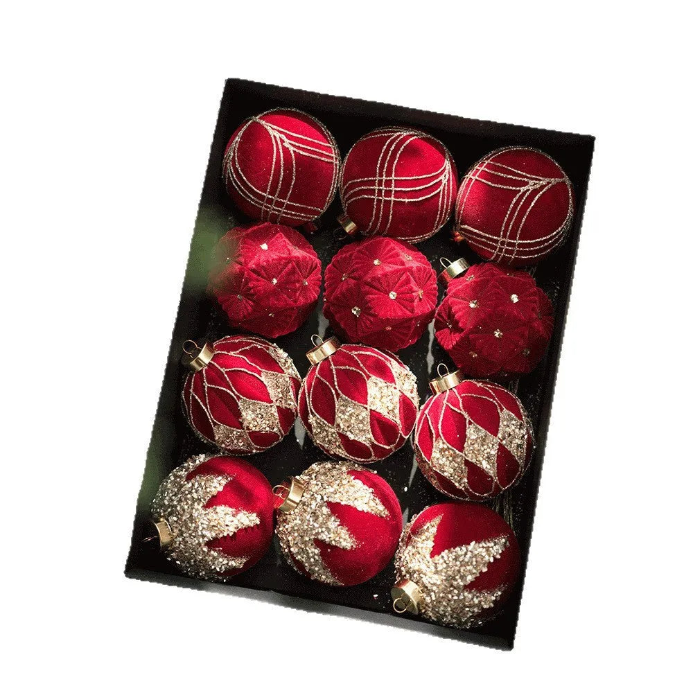 Twelve flocked Christmas ball pendants in wine red, milky white, and Maillard colour in a paper box