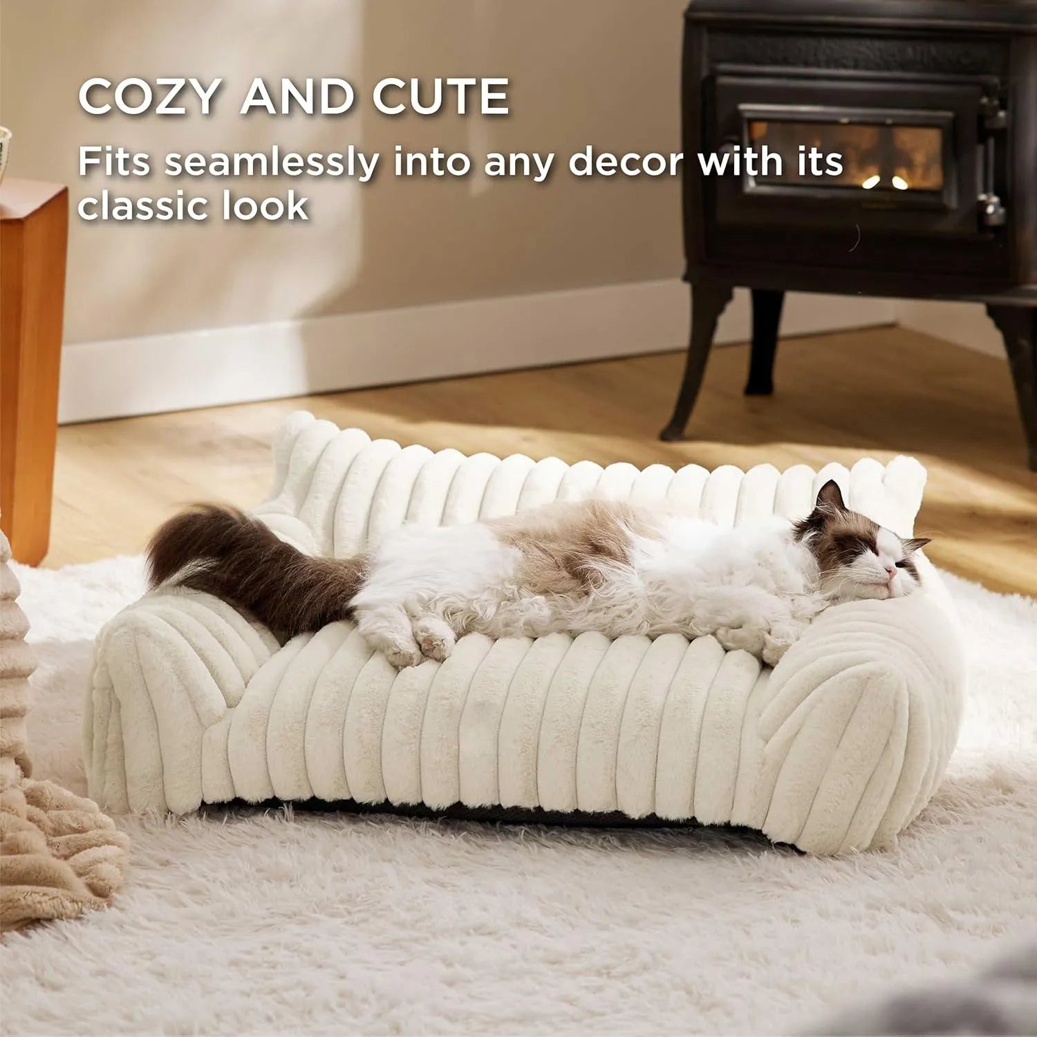 Beige corduroy cat couch with high backrest for pet support on a wooden floor.