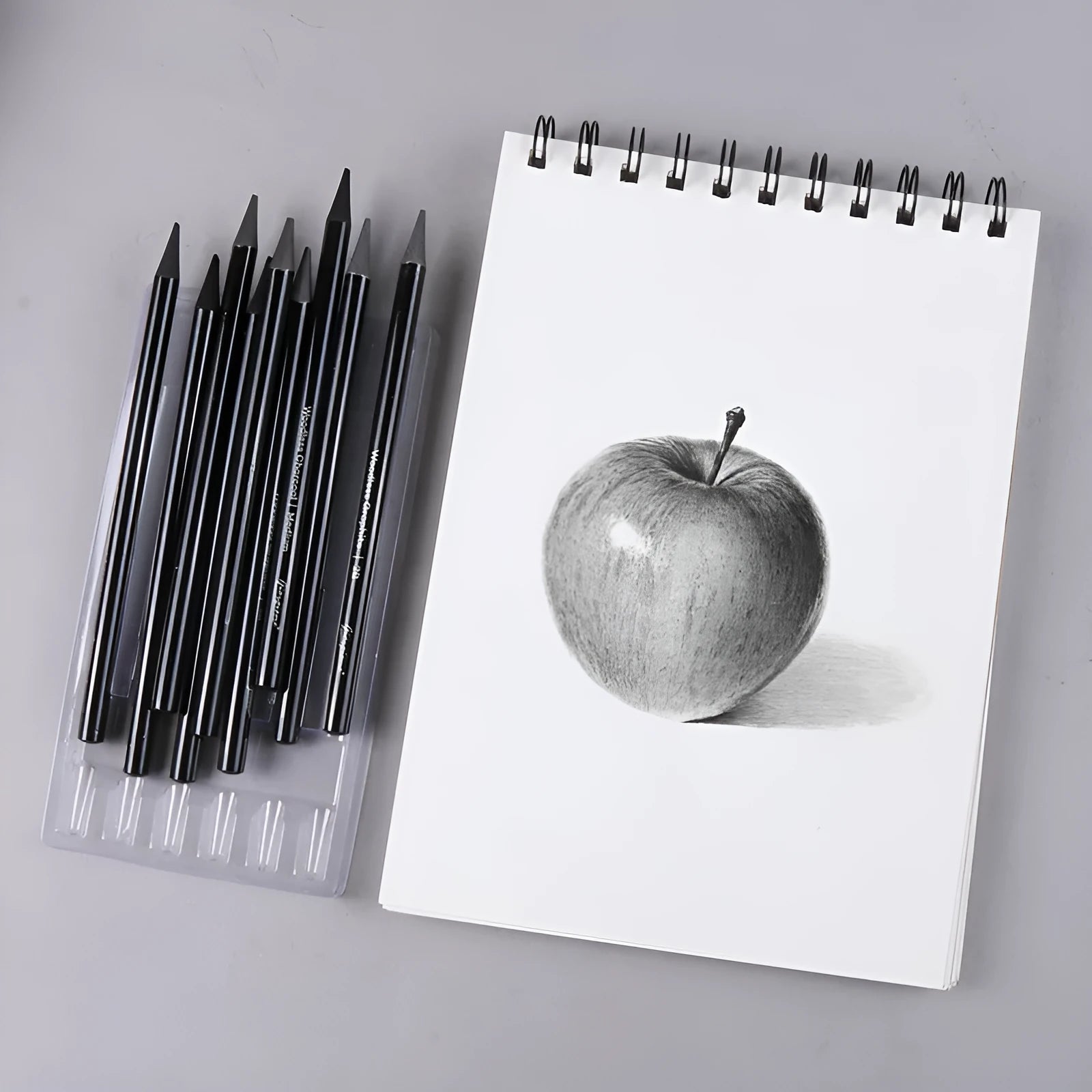 A graphite and carbonised pencil suit on a suction card, showing nine wooden pencils.