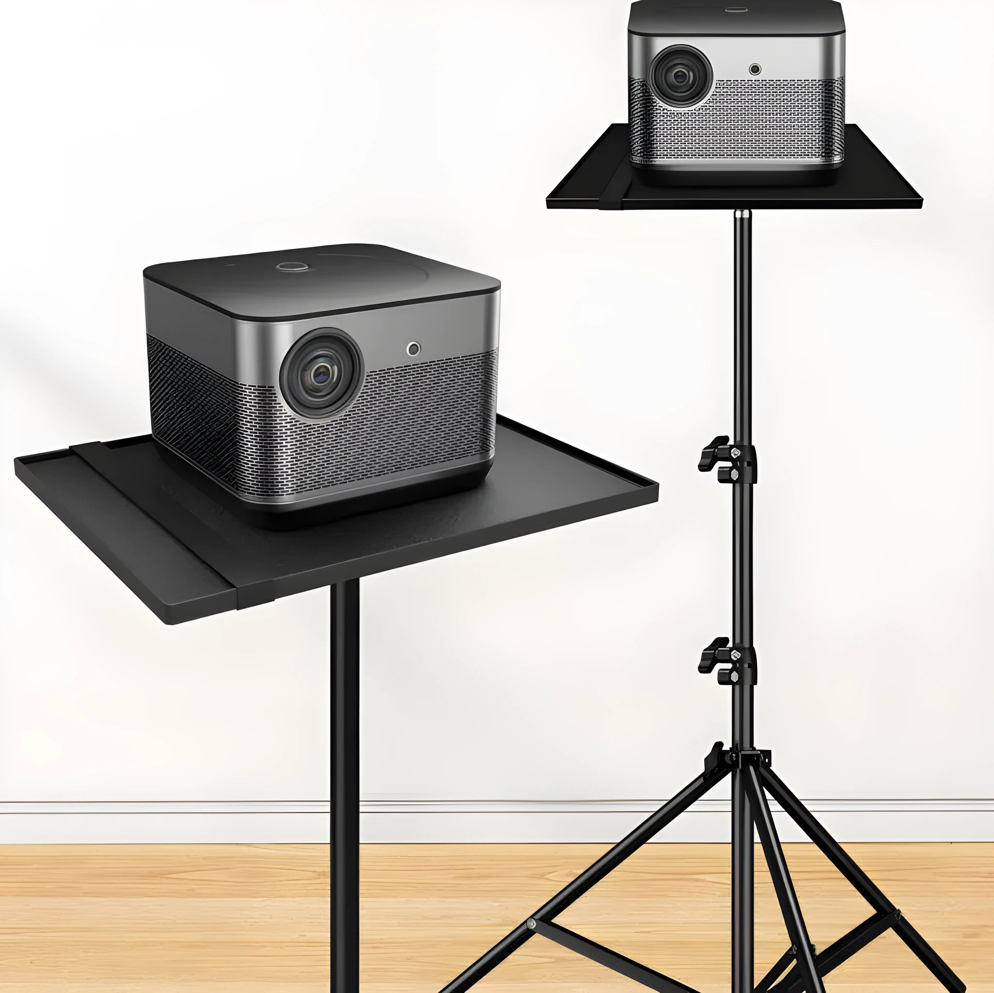 T01 projector floor stand with metal bracket and plastic tray on tripod legs, adjustable height 55cm 120cm 160cm