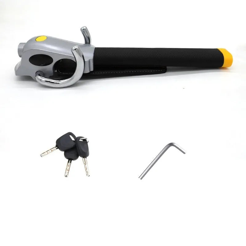 Universal car steering wheel lock in black gold, steel and aluminium alloy with copper core alarm, includes keys and wrench