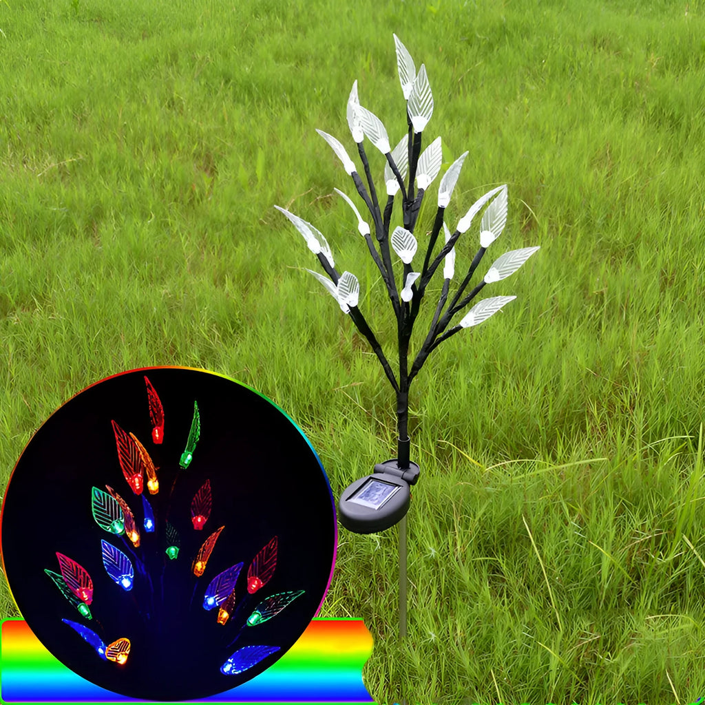 Three solar-powered garden lights with leaf branch design for lawn decoration
