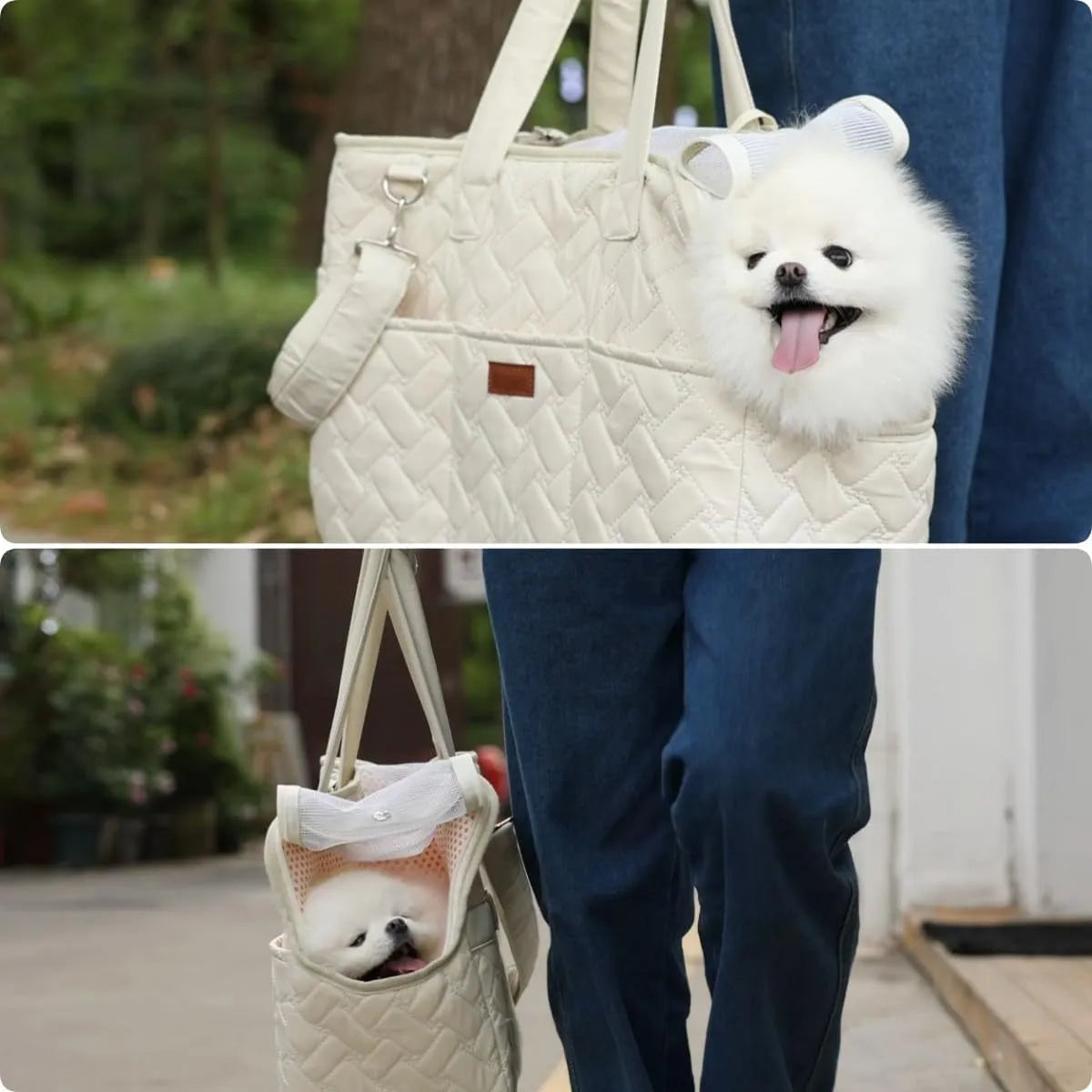 Grey handbag-style pet carrier for cats and small dogs with mesh windows and multiple pockets.