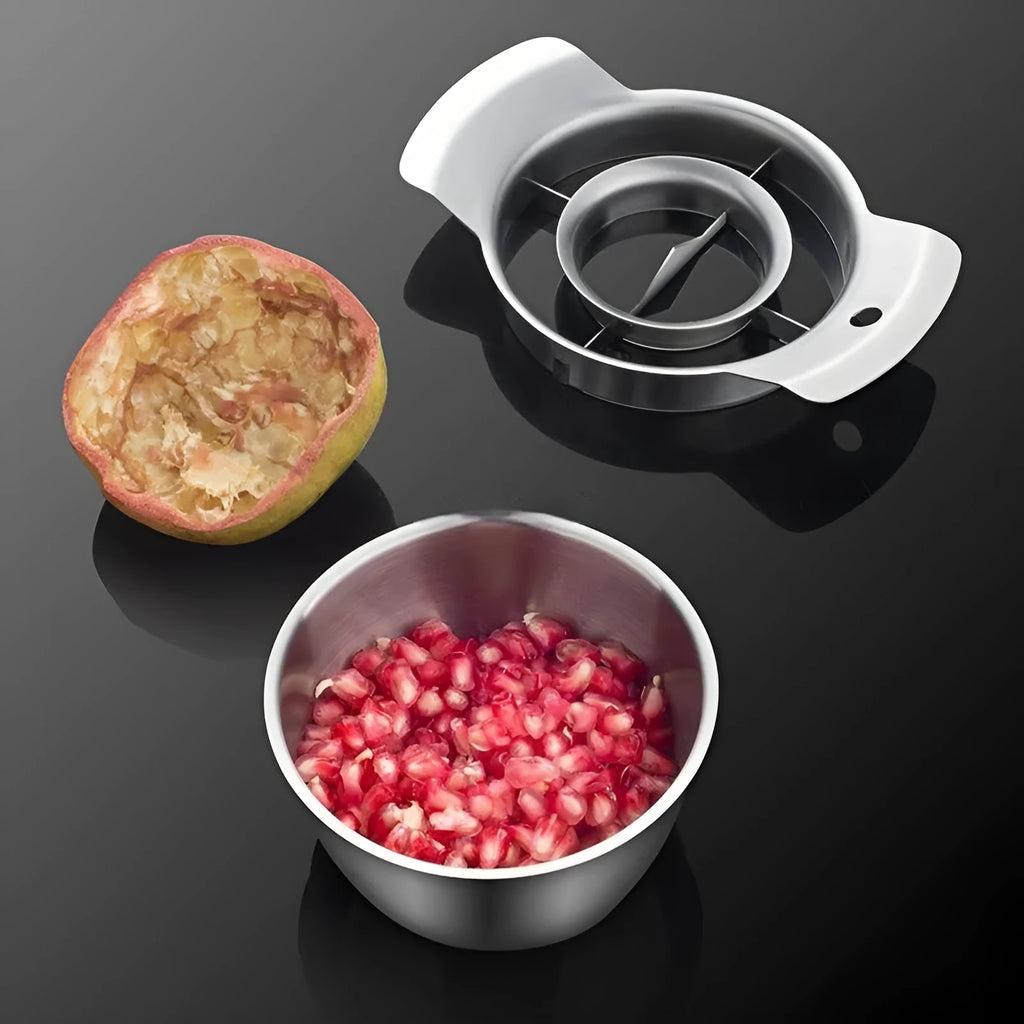 Stainless steel pomegranate fruit opener tool set with wooden hammer and bowl