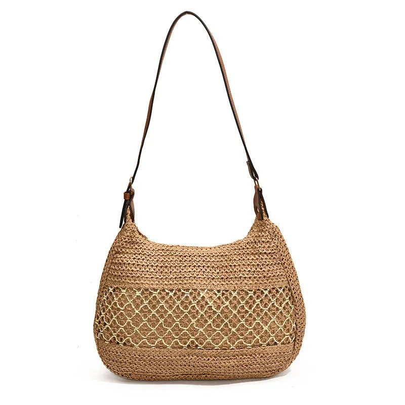 Women's khaki straw cross body bag with sandwich pocket showing horizontal square design