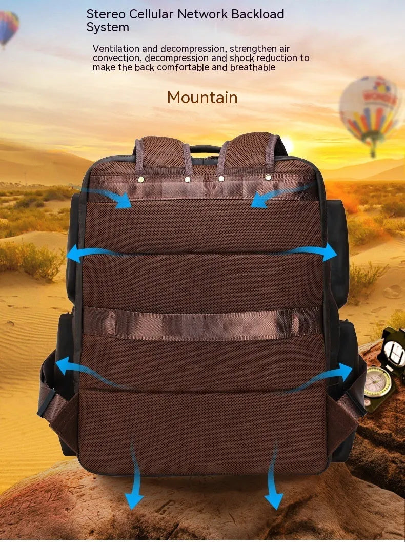 Dark brown genuine crazy horse leather backpack for men showing open pockets and organised internal compartments for a 17-inch laptop.
