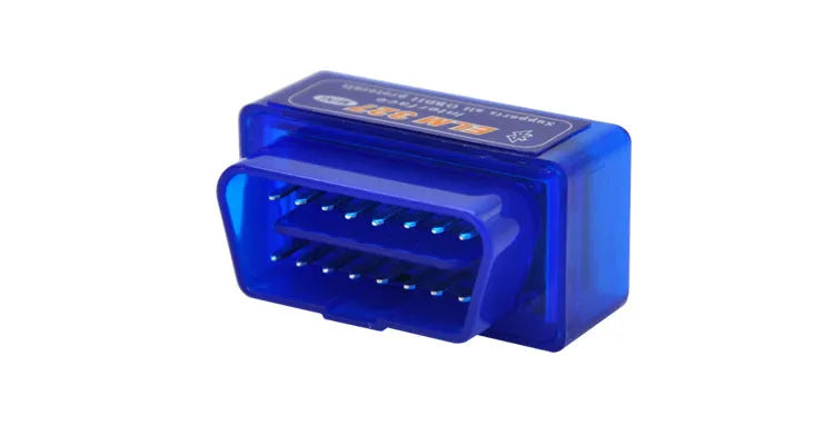 Compact black ELM327 Bluetooth OBD2 diagnostic scanner for car fault codes and live data.