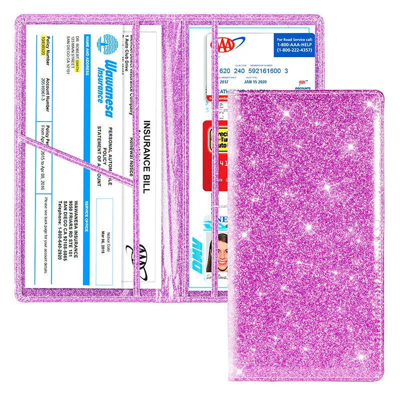 Purple PU leather car insurance and registration document wallet lying flat, showing its slim 24cm profile.