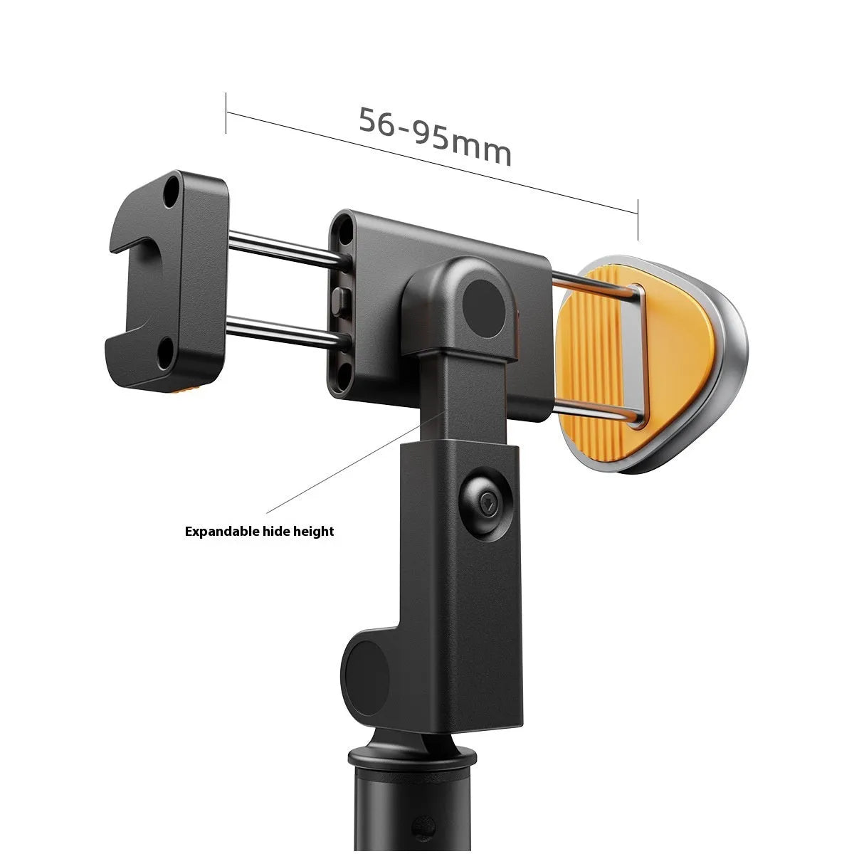 Mobile Bluetooth live streaming integrated stand selfie stick in black alloy on a tabletop with smartphone attached for hands-free recording.