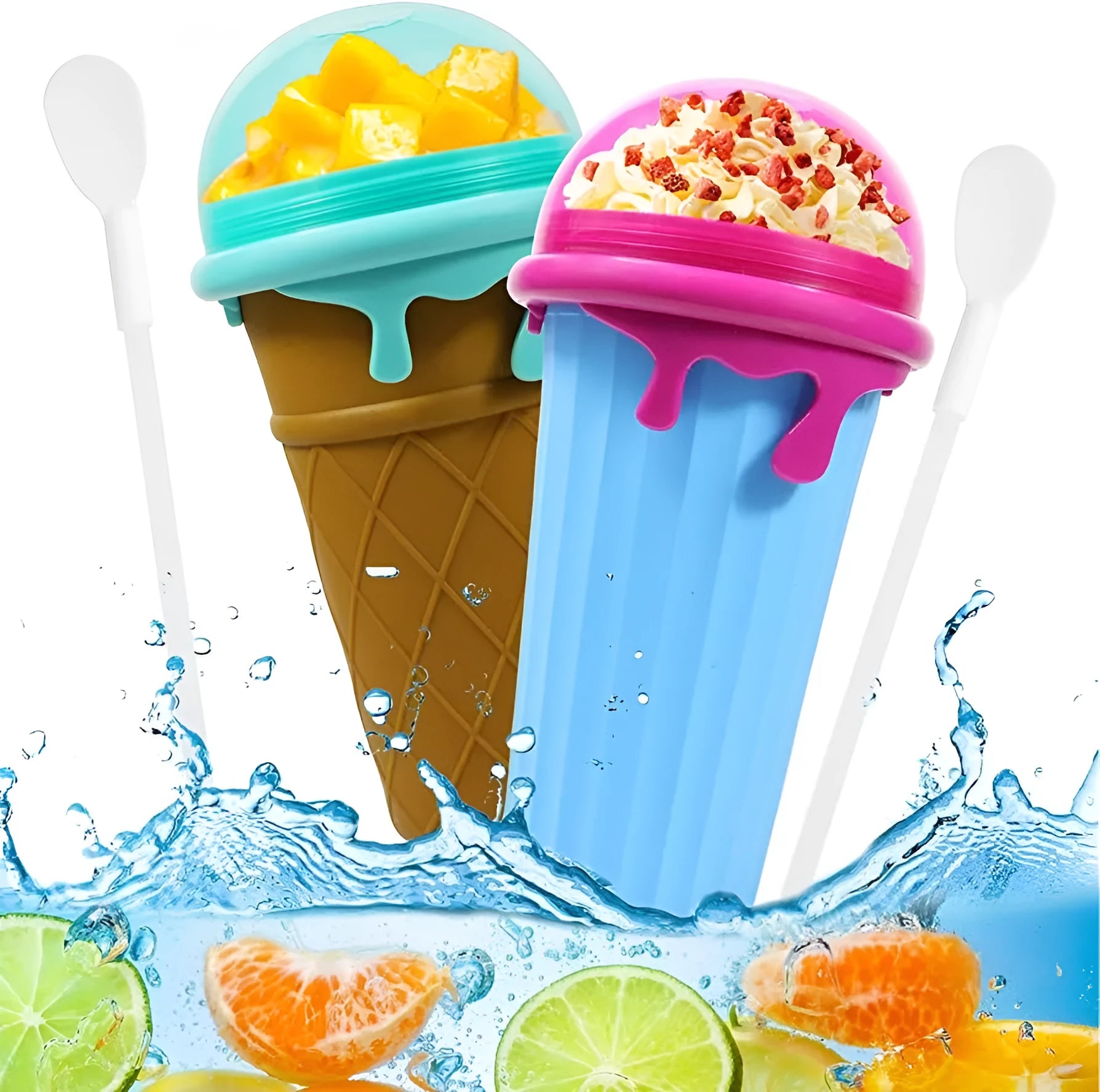 Blue 500ml slushy maker cup for homemade quick-frozen smoothies and ice cream.